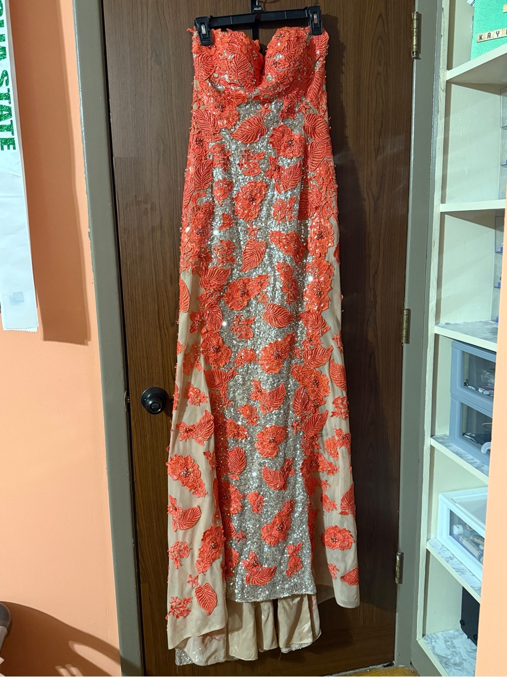 Sherri Hill Strapless Orange Floral Appliqué Evening Gown